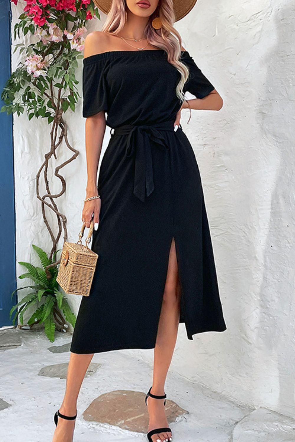 Tie-Waist Off-Shoulder Split Dress BLUE ZONE PLANET