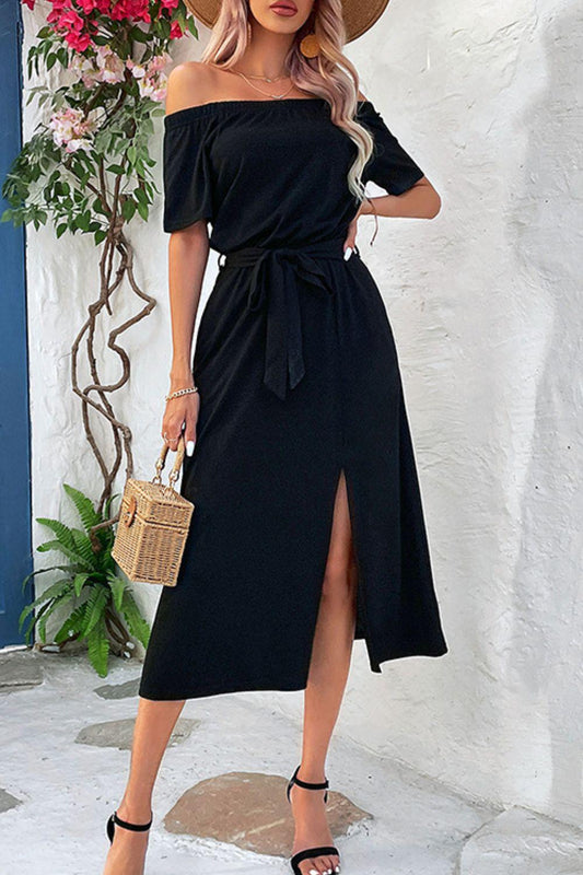 Tie-Waist Off-Shoulder Split Dress BLUE ZONE PLANET