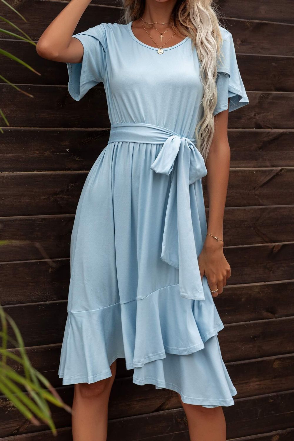Tie Waist Petal Sleeve Ruffle Hem Dress BLUE ZONE PLANET