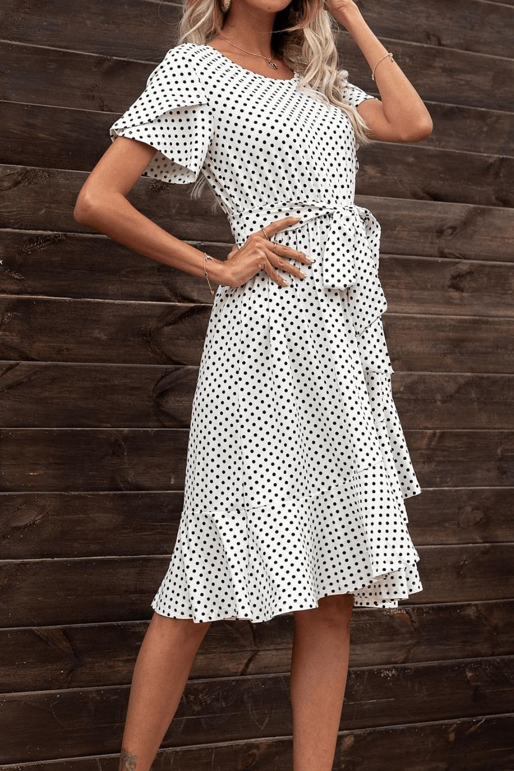 Tie Waist Petal Sleeve Ruffle Hem Dress BLUE ZONE PLANET