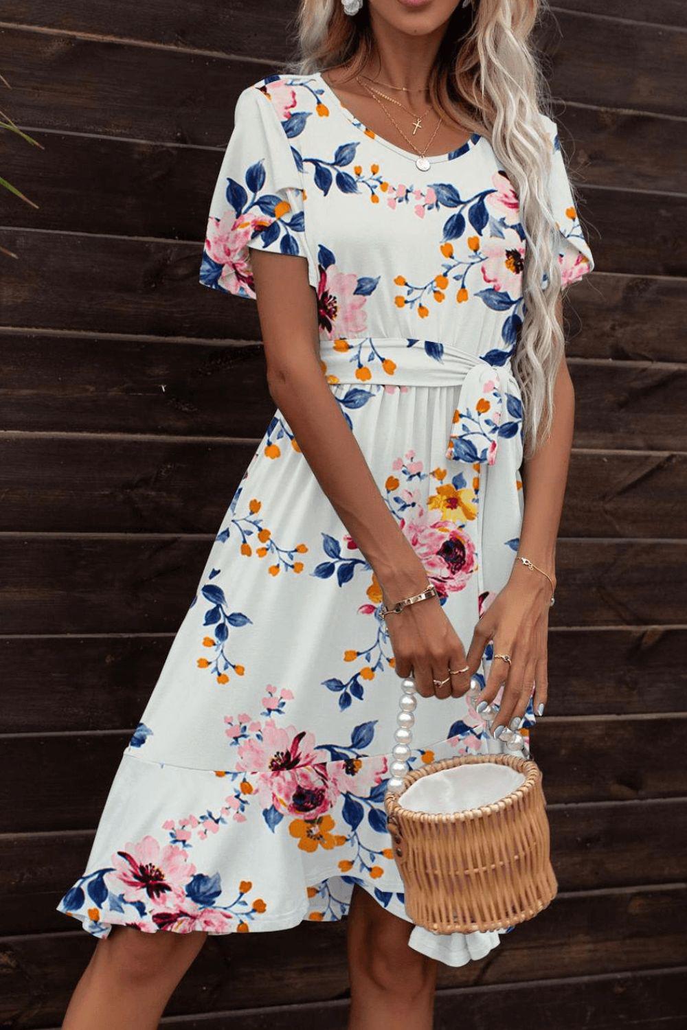 Tie Waist Petal Sleeve Ruffle Hem Dress BLUE ZONE PLANET