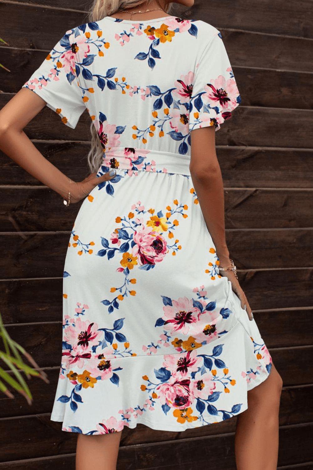 Tie Waist Petal Sleeve Ruffle Hem Dress BLUE ZONE PLANET