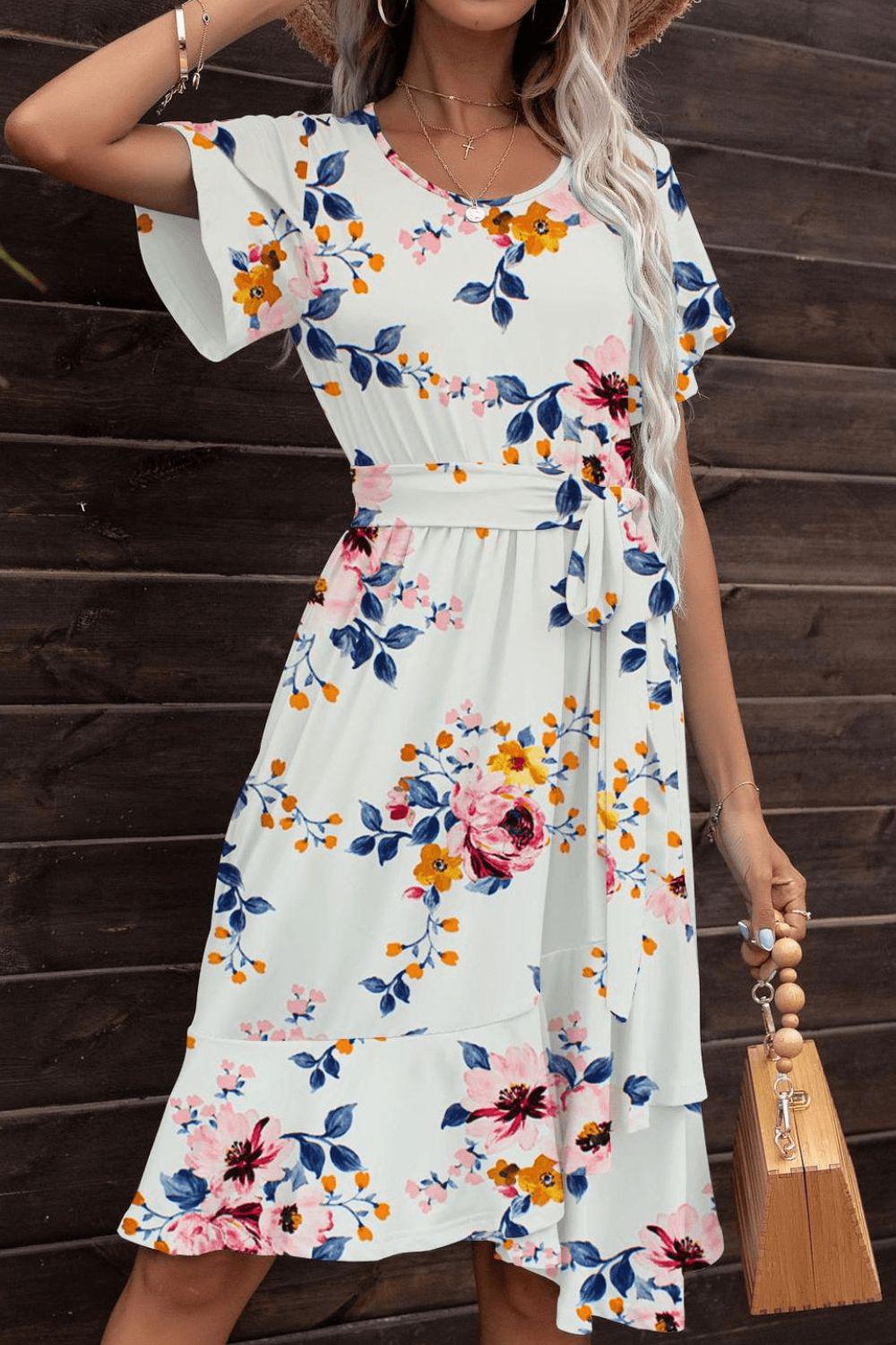 Tie Waist Petal Sleeve Ruffle Hem Dress BLUE ZONE PLANET