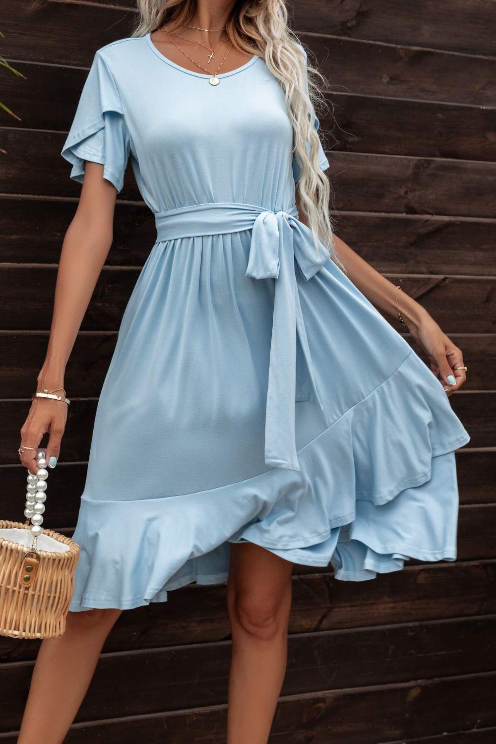 Tie Waist Petal Sleeve Ruffle Hem Dress BLUE ZONE PLANET