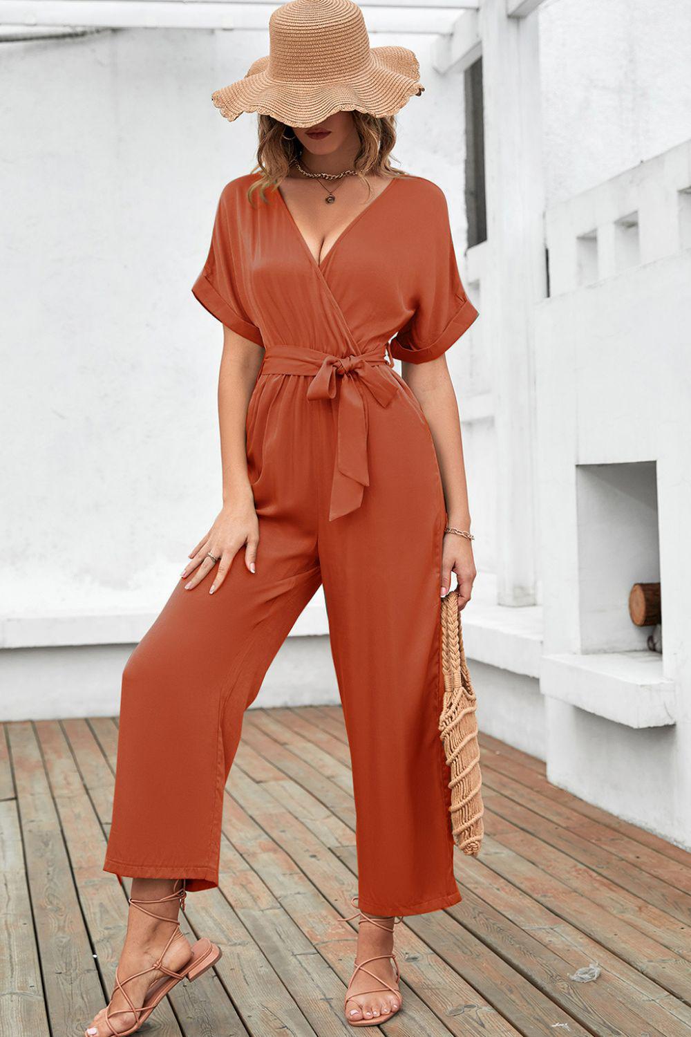 Tie-Waist Surplice Wide Leg Jumpsuit BLUE ZONE PLANET