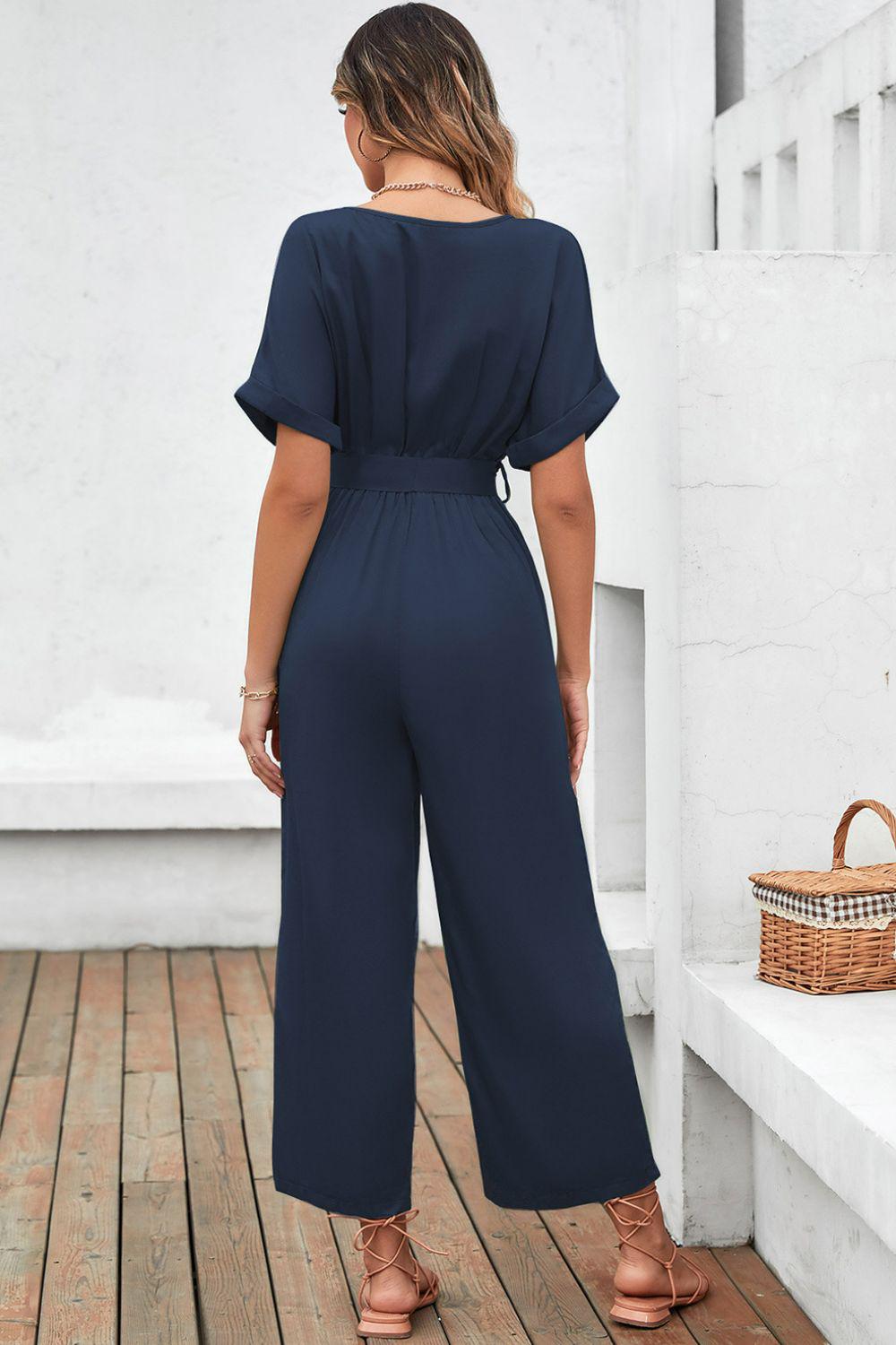 Tie-Waist Surplice Wide Leg Jumpsuit BLUE ZONE PLANET
