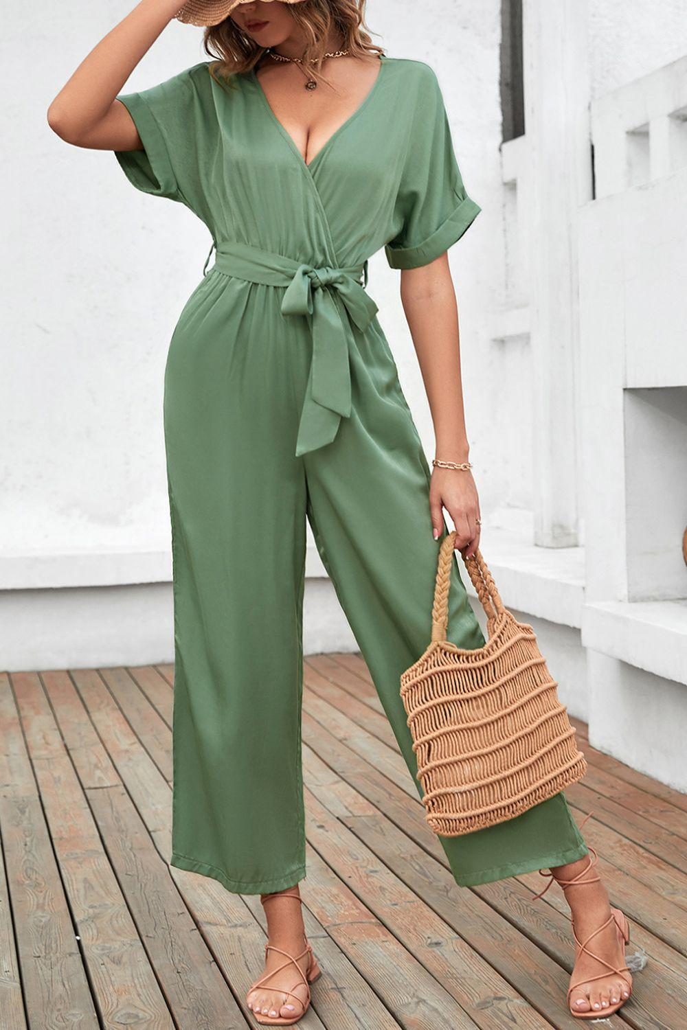 Tie-Waist Surplice Wide Leg Jumpsuit BLUE ZONE PLANET