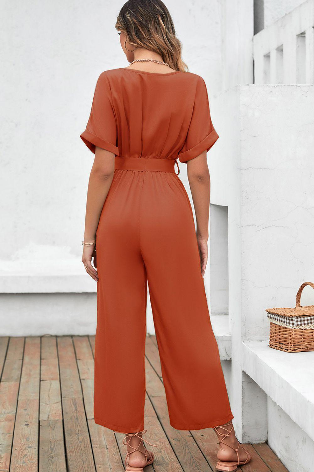 Tie-Waist Surplice Wide Leg Jumpsuit BLUE ZONE PLANET