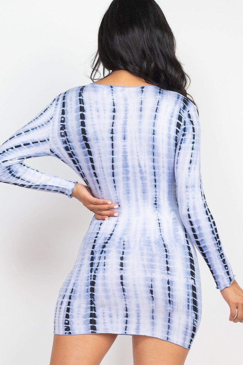 Tie-dye Printed Lettuce Trim Bodycon Dress Blue Zone Planet