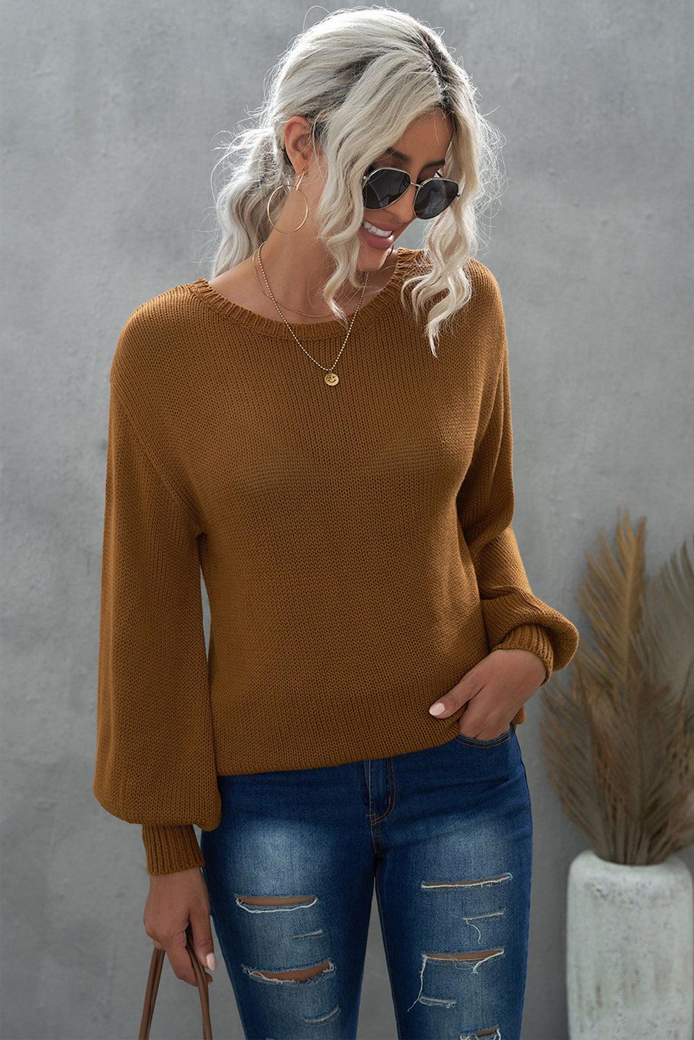 Tied Balloon Sleeve Round Neck Sweater BLUE ZONE PLANET