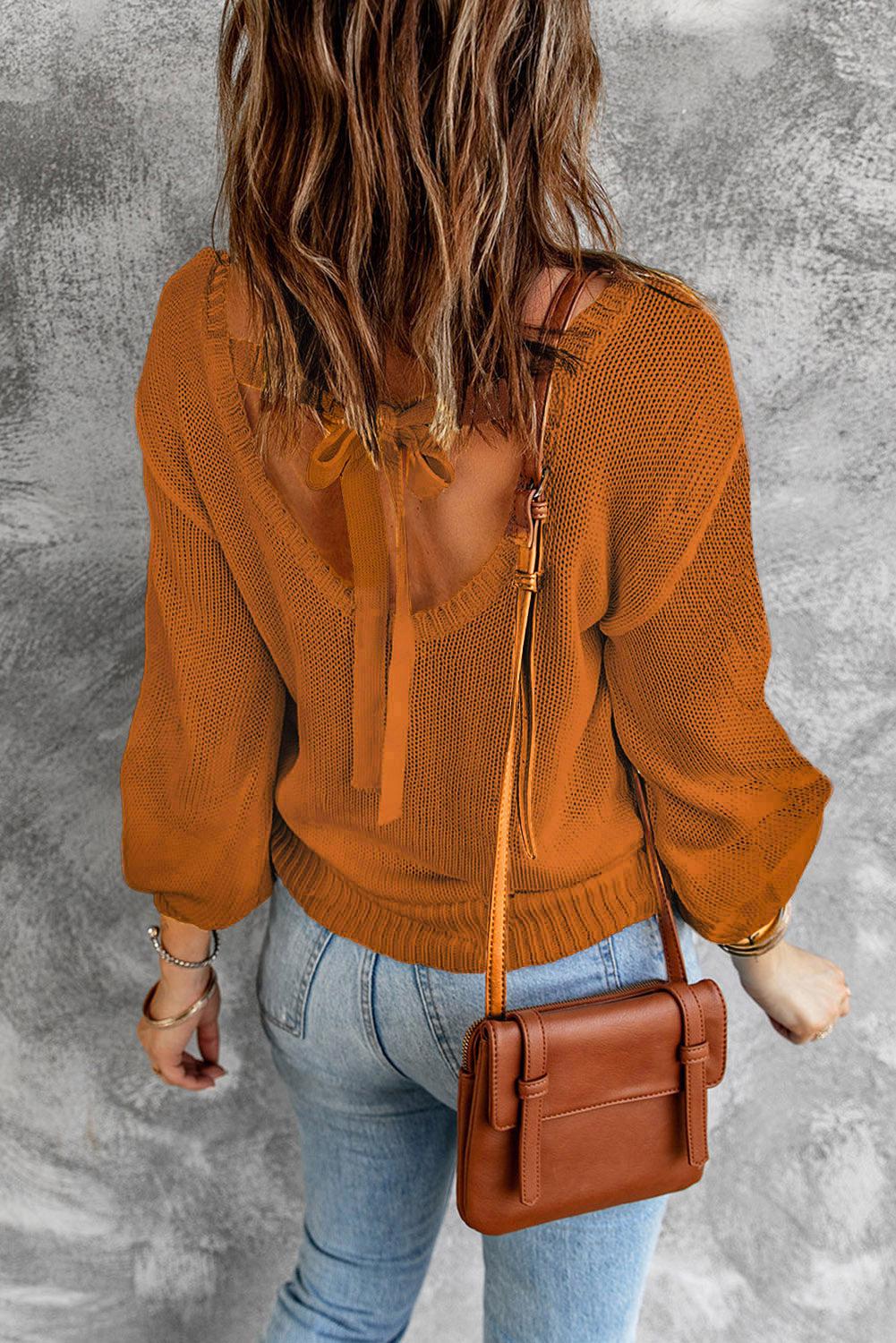 Tied Balloon Sleeve Round Neck Sweater BLUE ZONE PLANET