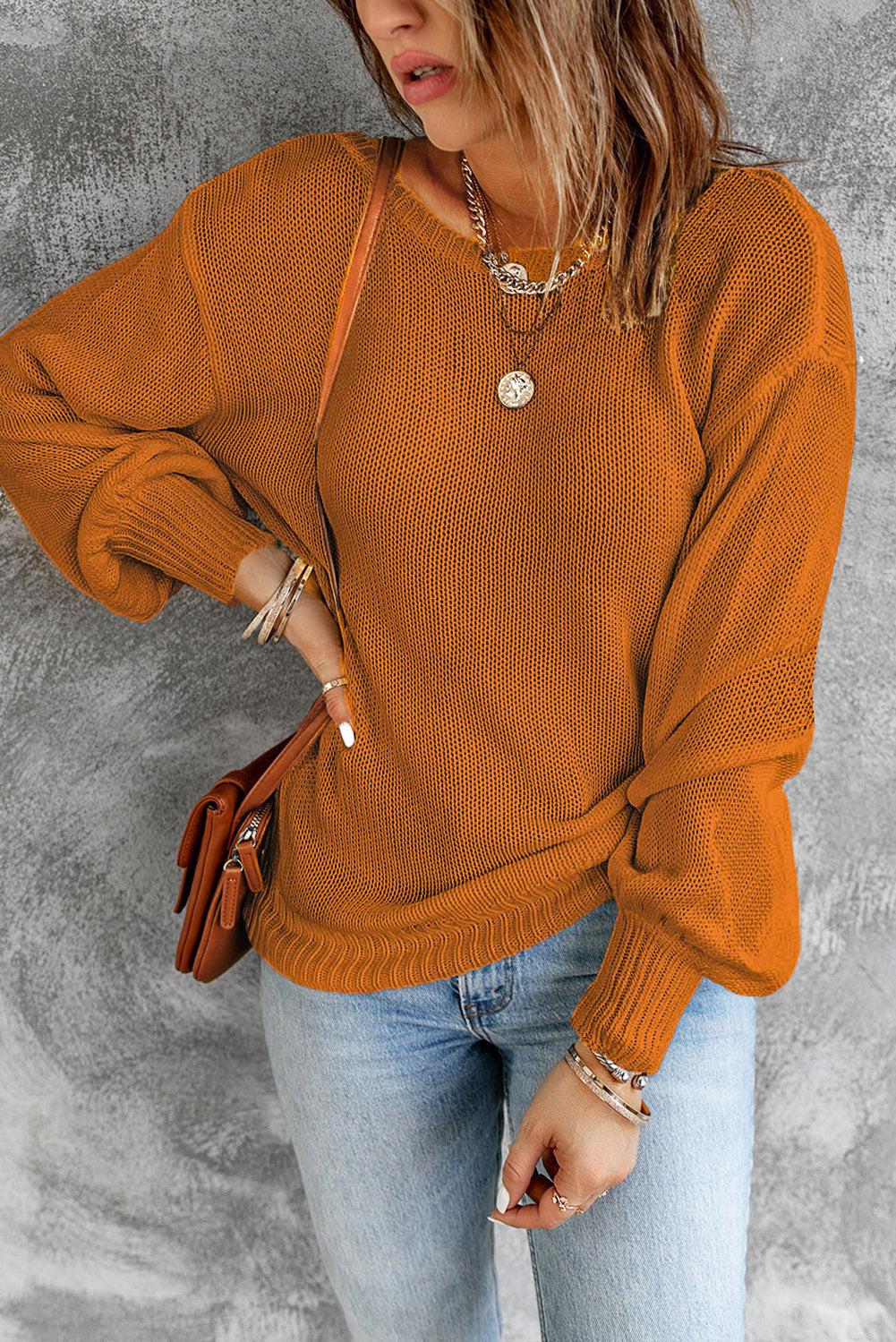 Tied Balloon Sleeve Round Neck Sweater BLUE ZONE PLANET
