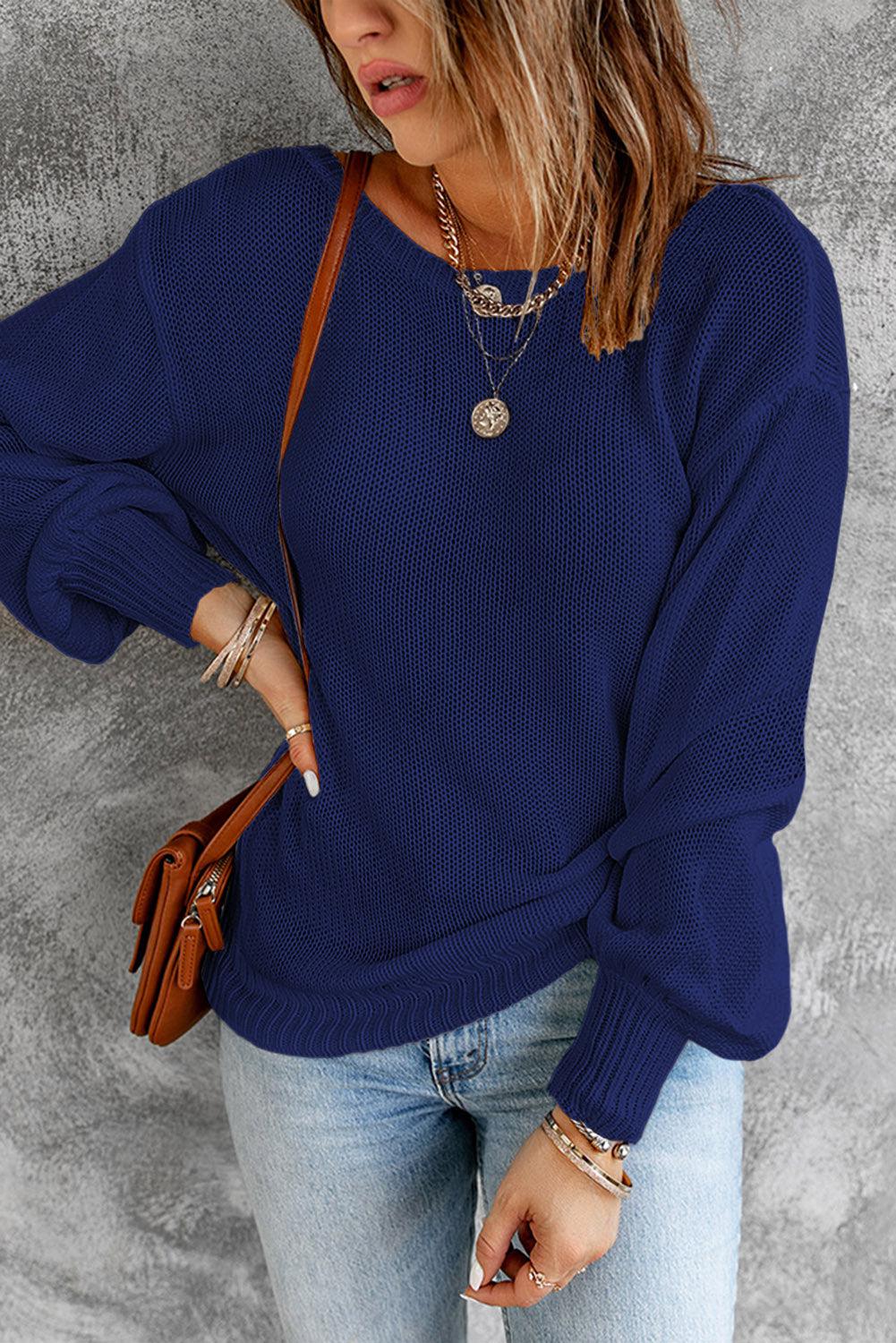 Tied Balloon Sleeve Round Neck Sweater BLUE ZONE PLANET