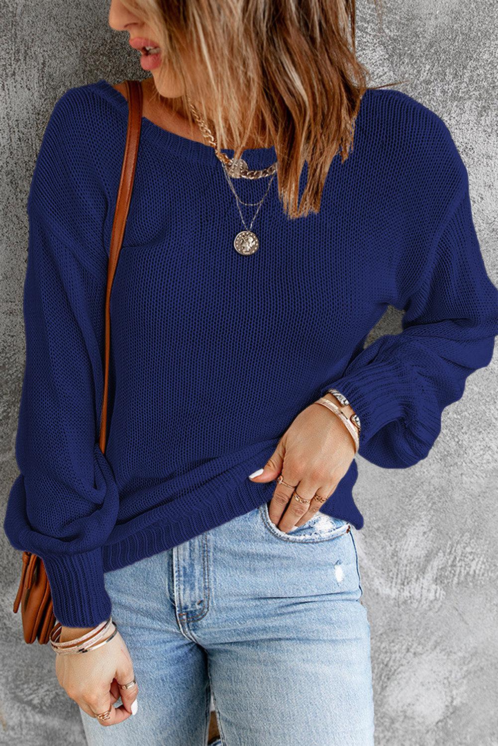 Tied Balloon Sleeve Round Neck Sweater BLUE ZONE PLANET