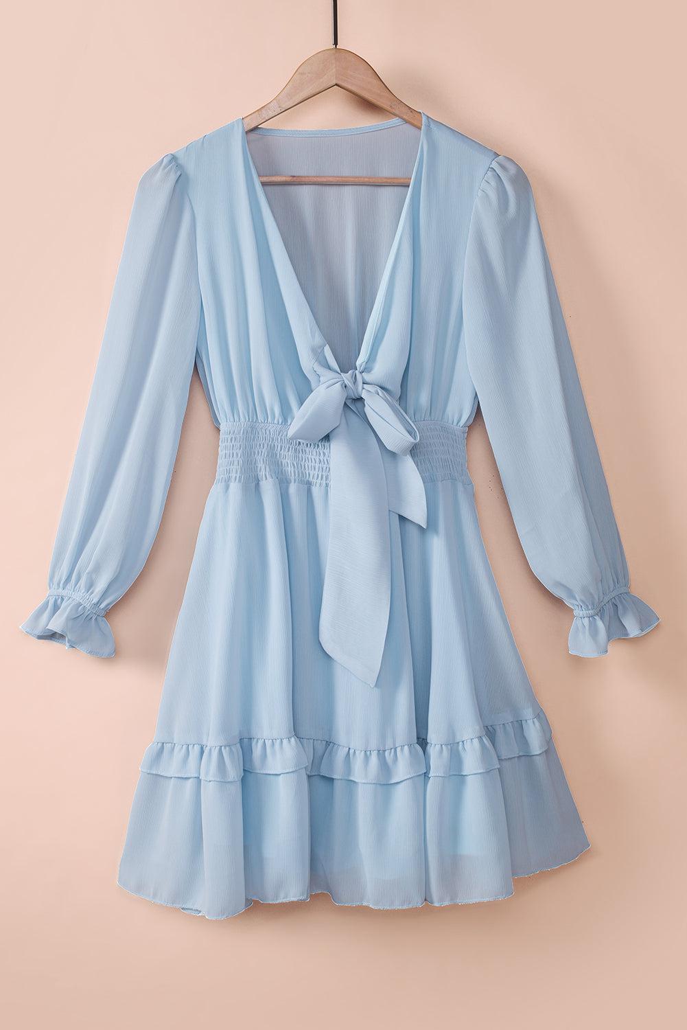 Tied Plunge Smocked Waist Flounce Sleeve Dress BLUE ZONE PLANET