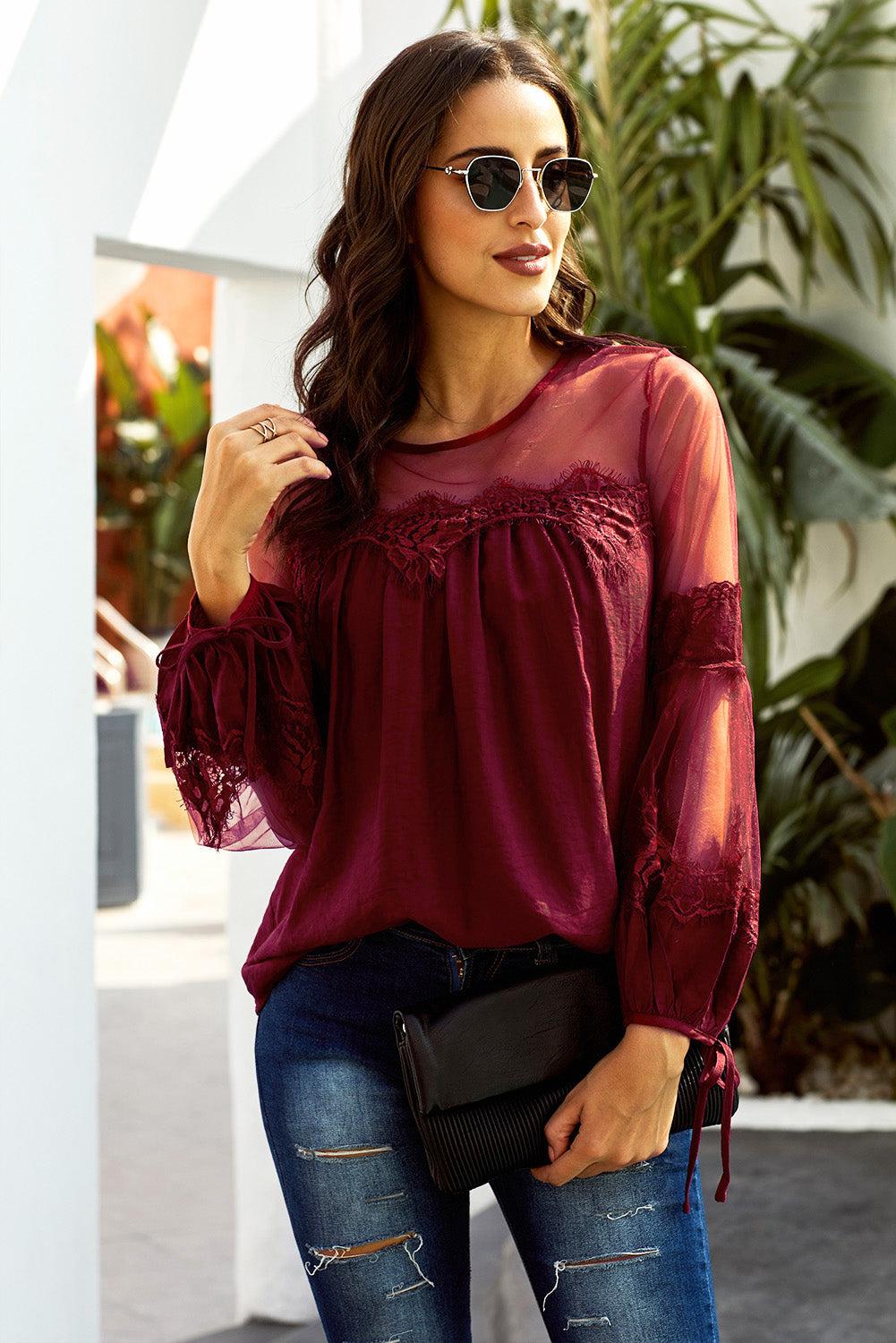 Tied Spliced Mesh Bubble Sleeve Blouse BLUE ZONE PLANET