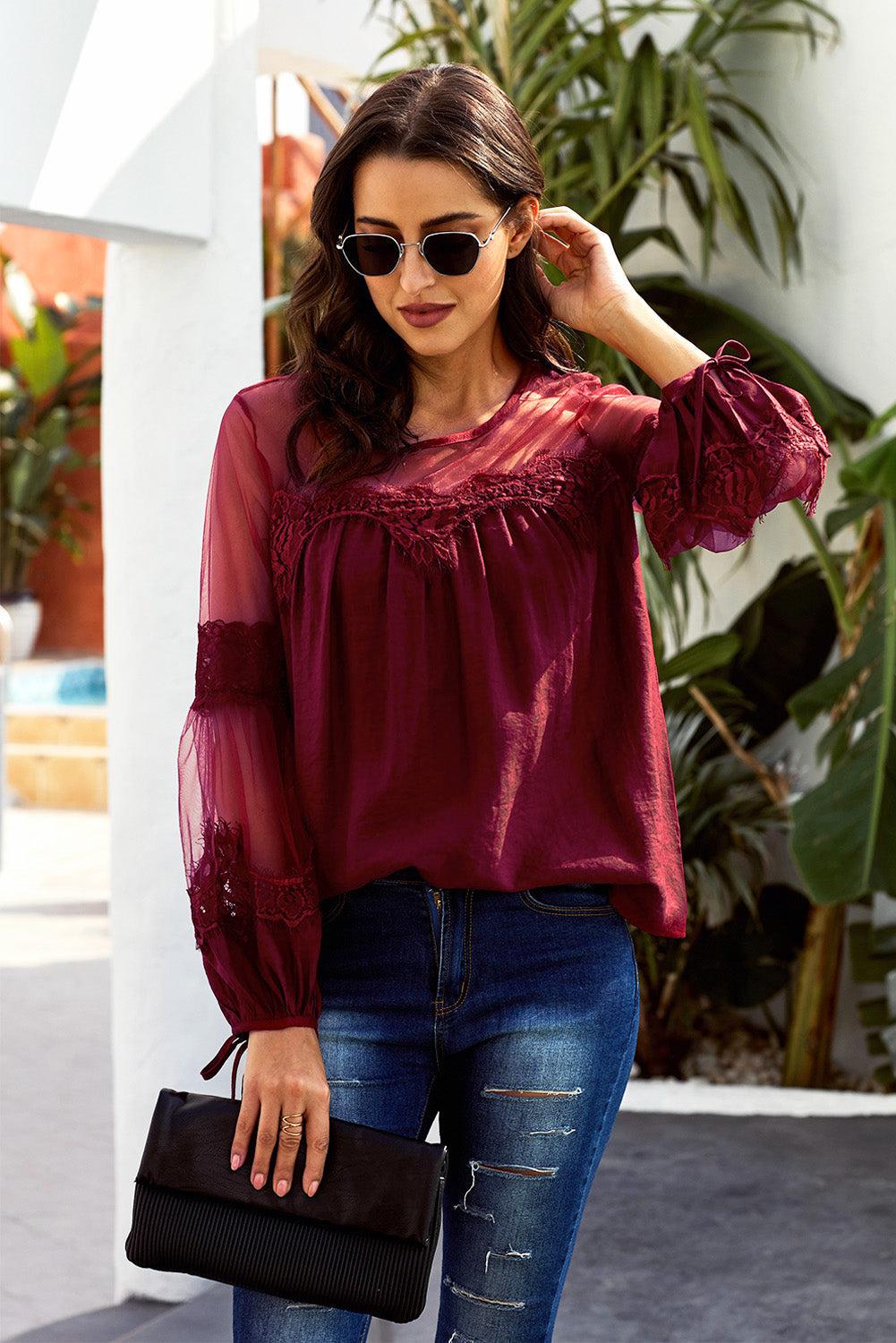 Tied Spliced Mesh Bubble Sleeve Blouse BLUE ZONE PLANET