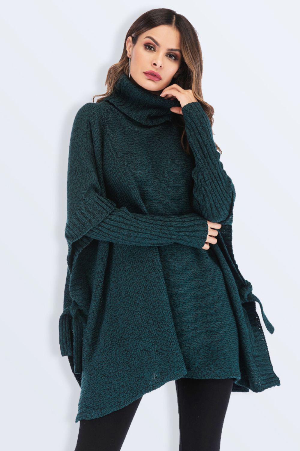 Tied Turtleneck Asymmetrical Hem Sweater BLUE ZONE PLANET