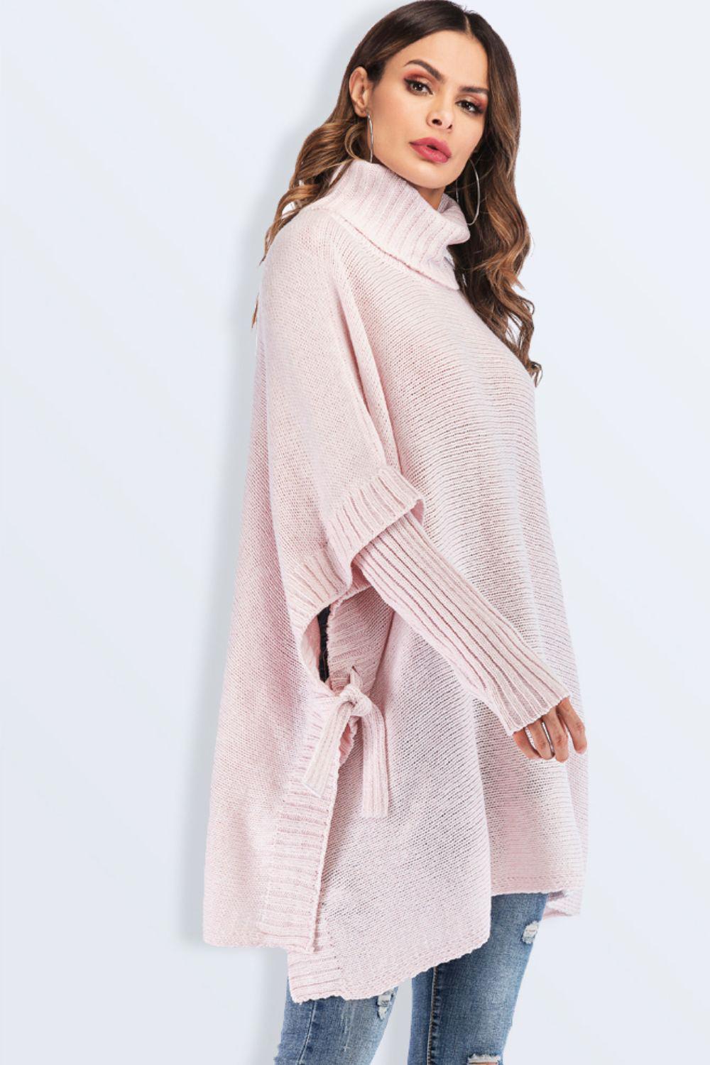 Tied Turtleneck Asymmetrical Hem Sweater BLUE ZONE PLANET