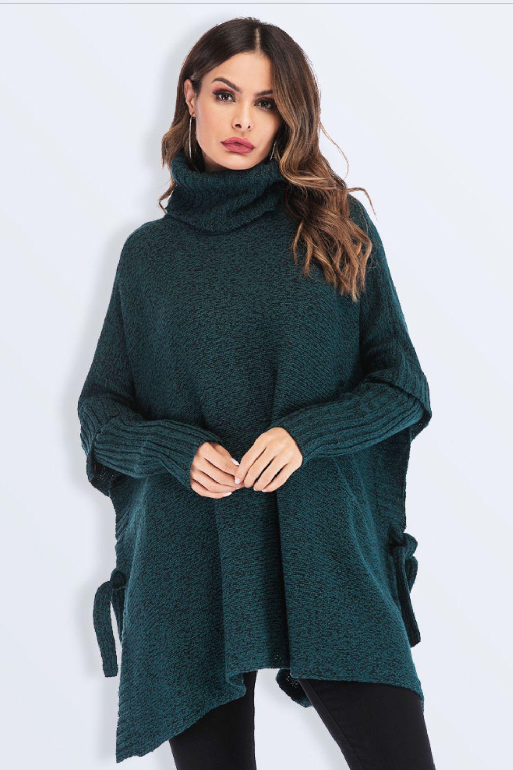 Tied Turtleneck Asymmetrical Hem Sweater BLUE ZONE PLANET