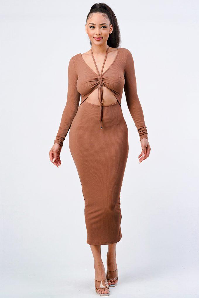Trendy Front Shirring Cut-out Long Sleeved Dress Blue Zone Planet