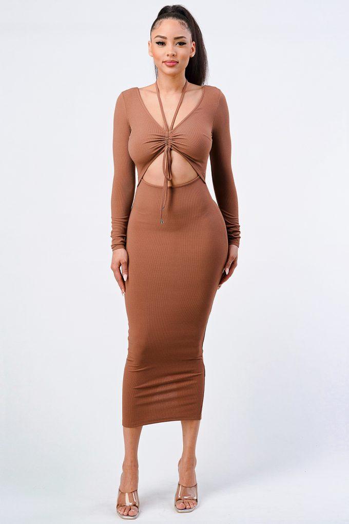 Trendy Front Shirring Cut-out Long Sleeved Dress Blue Zone Planet