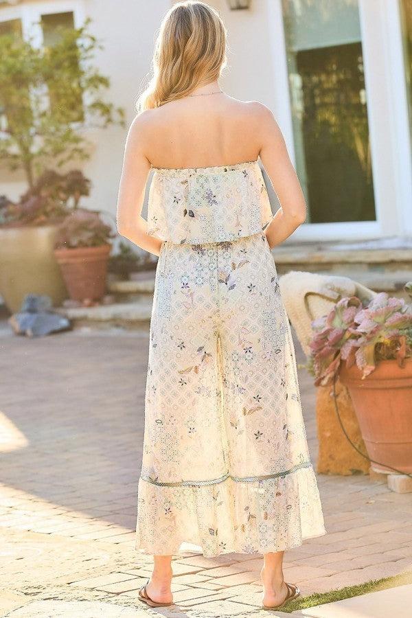 Tube Top With Tier Ruffle Waist Elastic Bottom Lace Trim Jumpsuit Blue Zone Planet