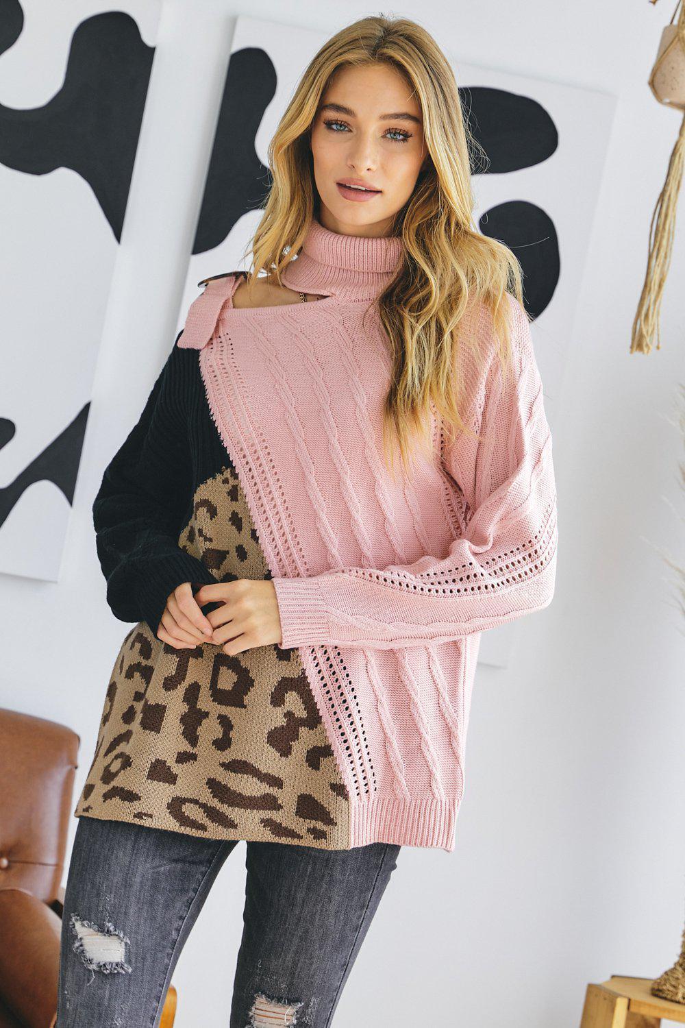 Turtle Neck Color Block Cutout Sweater Blue Zone Planet