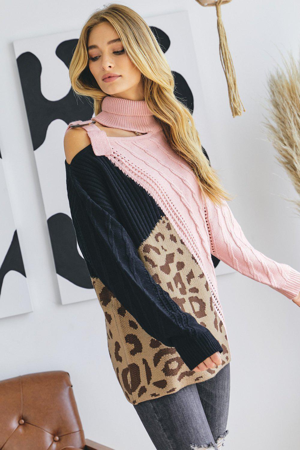 Turtle Neck Color Block Cutout Sweater Blue Zone Planet