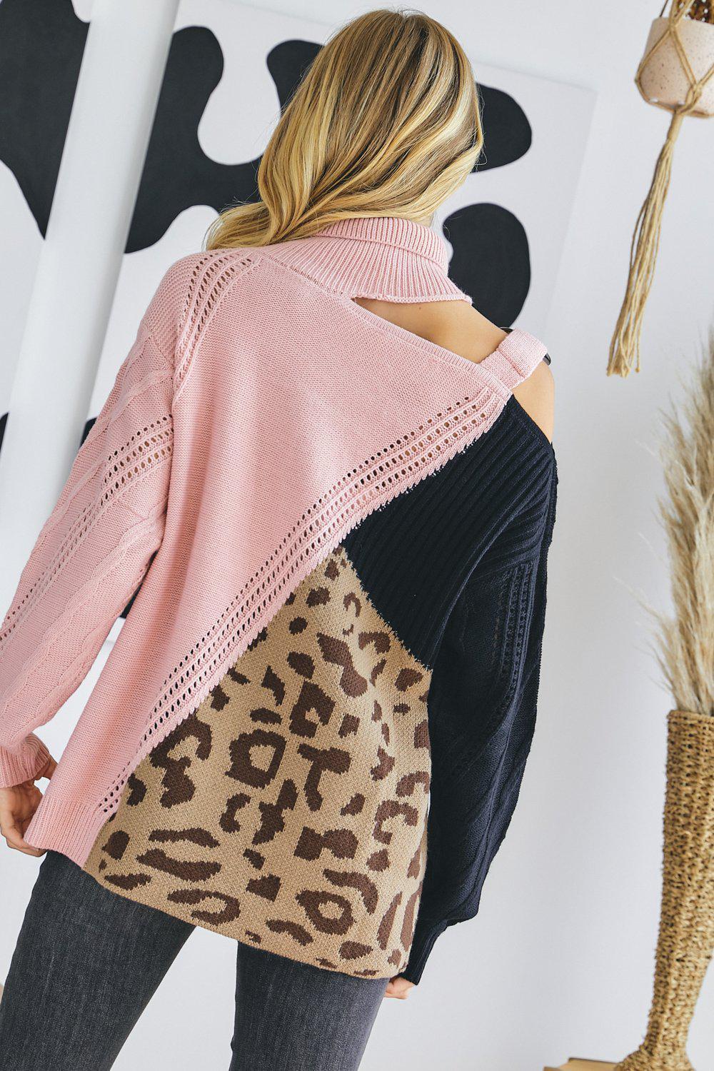 Turtle Neck Color Block Cutout Sweater Blue Zone Planet