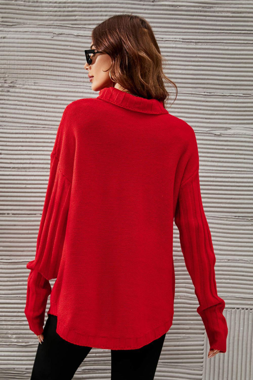 Turtleneck Ribbed Trim Tunic Sweater BLUE ZONE PLANET