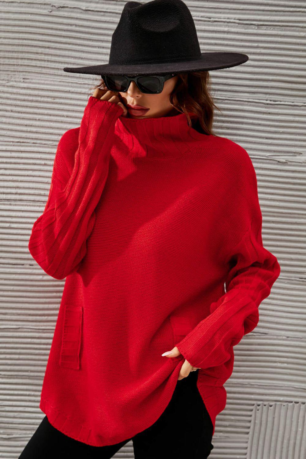 Turtleneck Ribbed Trim Tunic Sweater BLUE ZONE PLANET