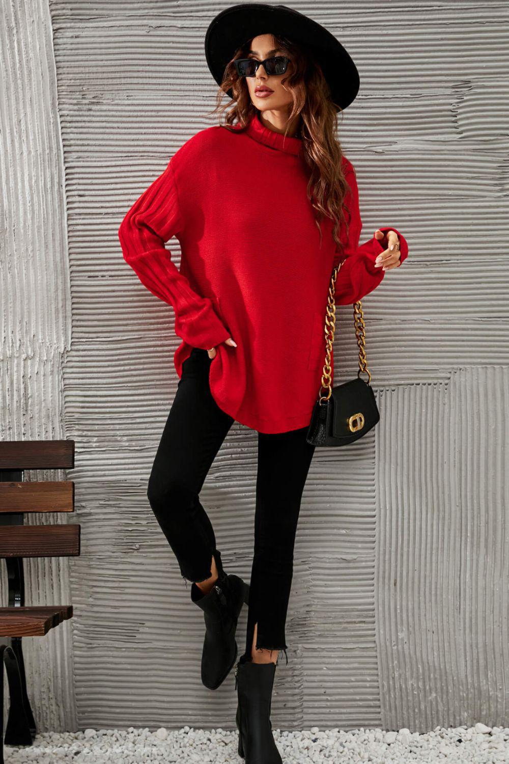 Turtleneck Ribbed Trim Tunic Sweater BLUE ZONE PLANET