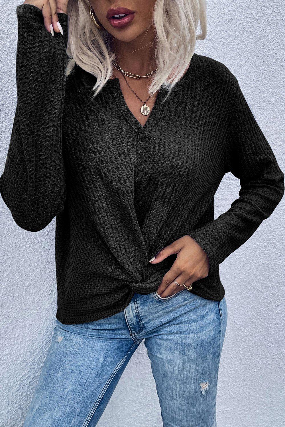 Twist Front Long Sleeve Waffle Knit Top BLUE ZONE PLANET