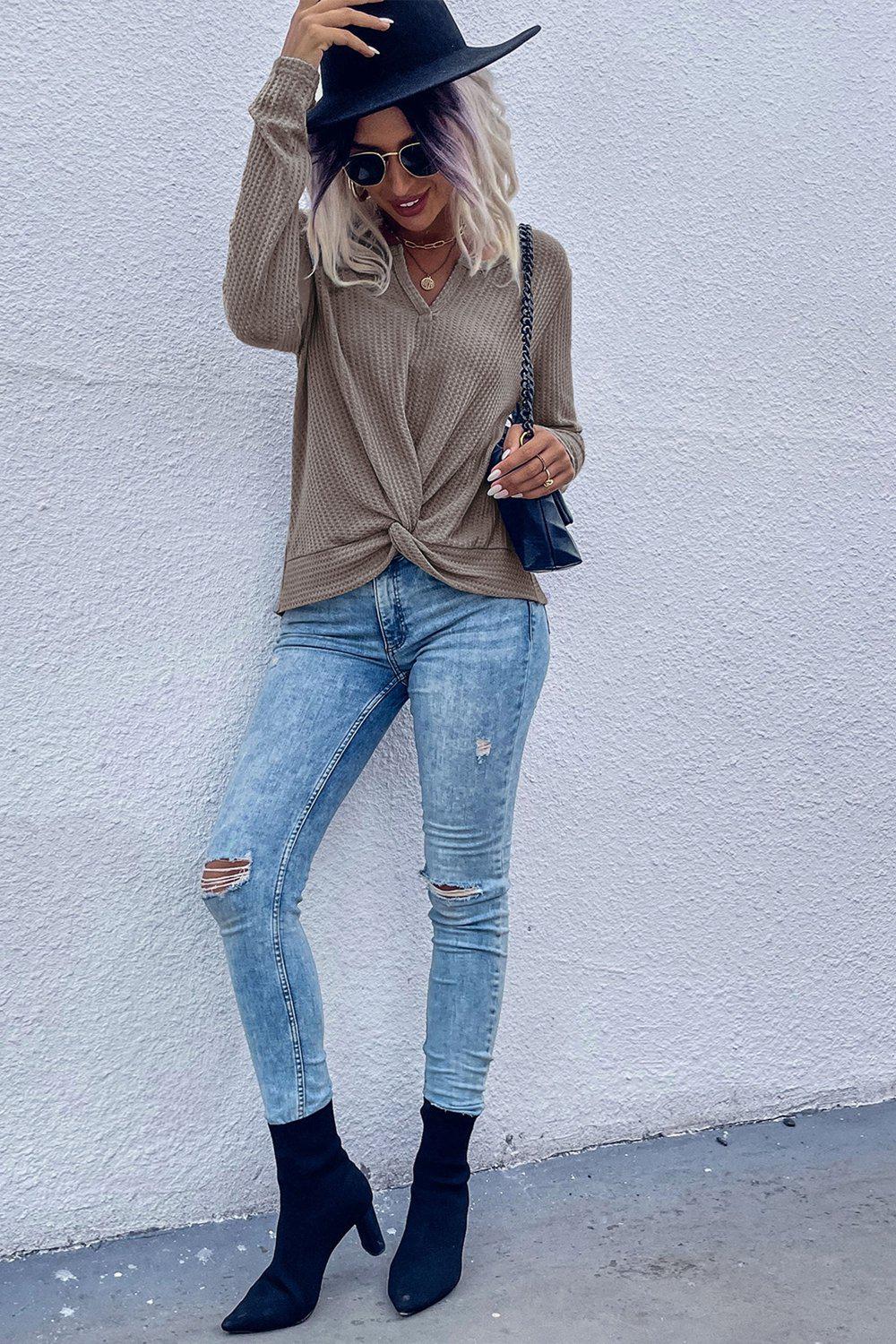 Twist Front Long Sleeve Waffle Knit Top BLUE ZONE PLANET