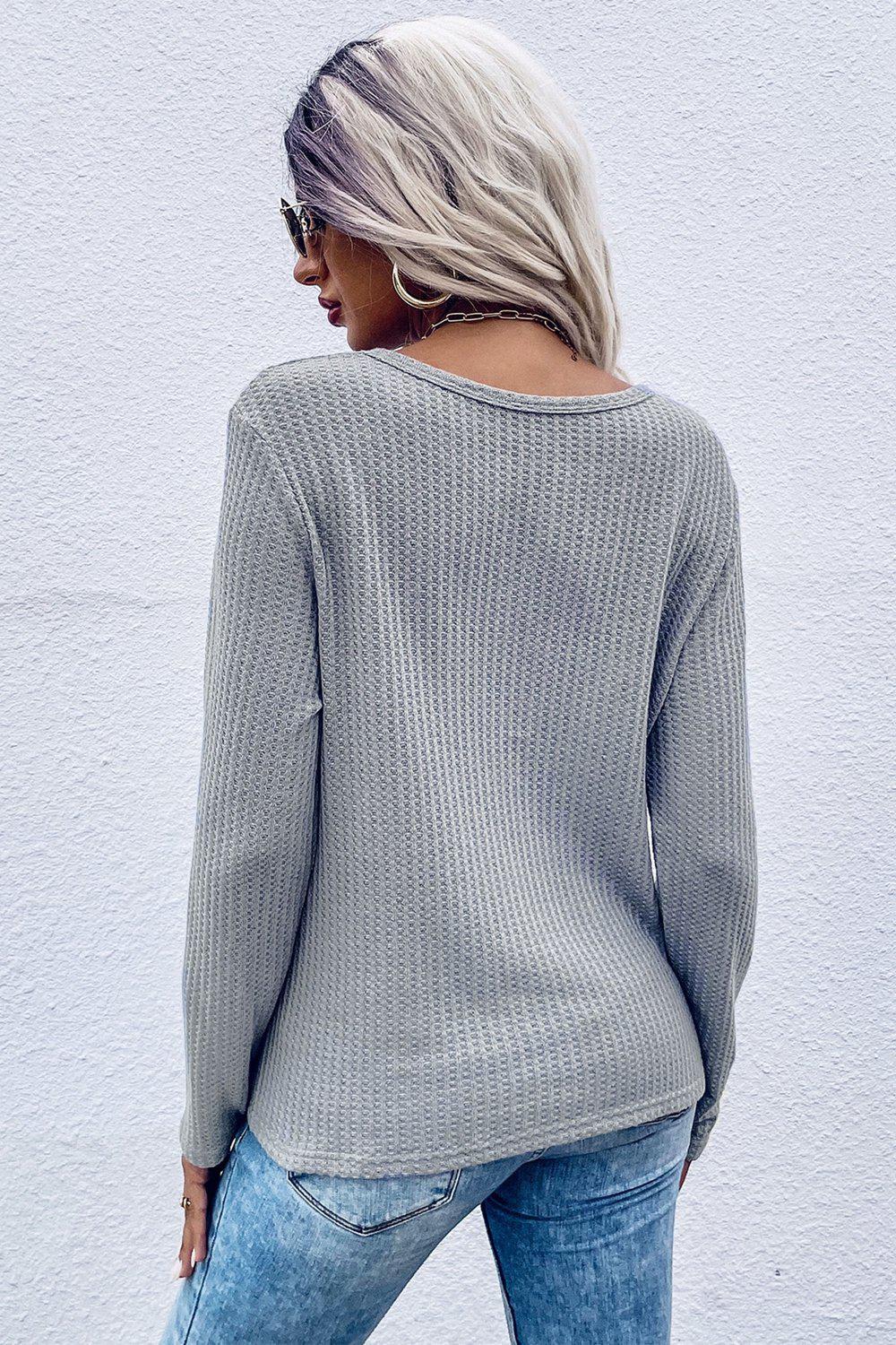 Twist Front Long Sleeve Waffle Knit Top BLUE ZONE PLANET