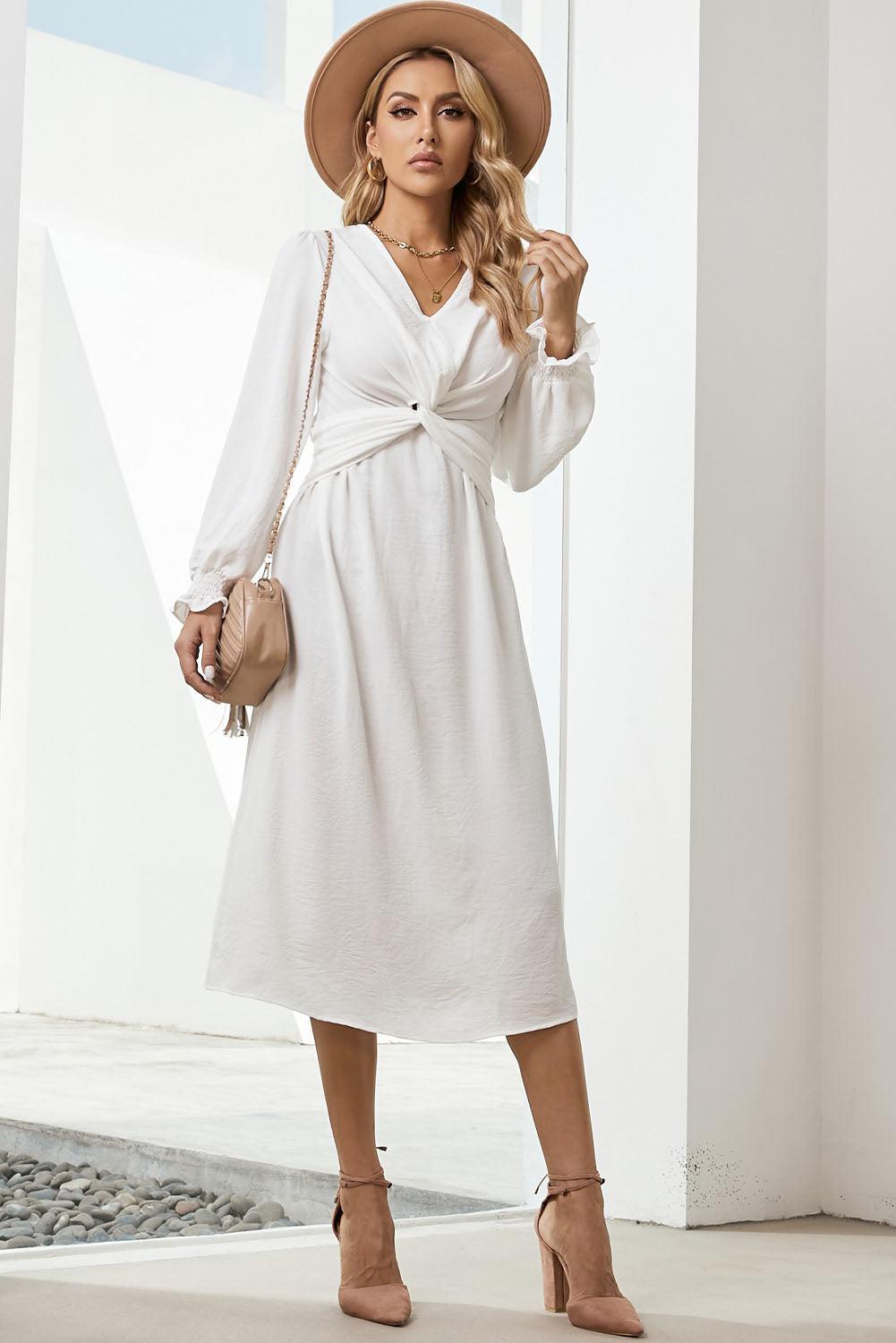 Twist Front V-Neck Flounce Sleeve Midi Dress BLUE ZONE PLANET