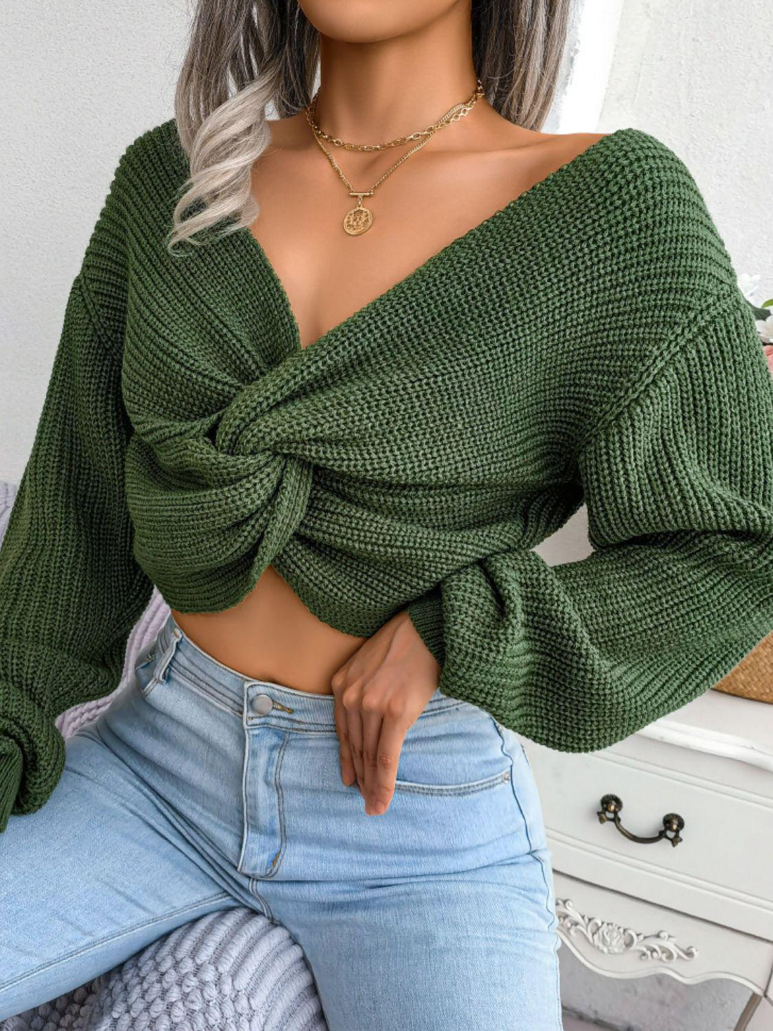 Twisted Front Long Sleeve Cropped Sweater BLUE ZONE PLANET