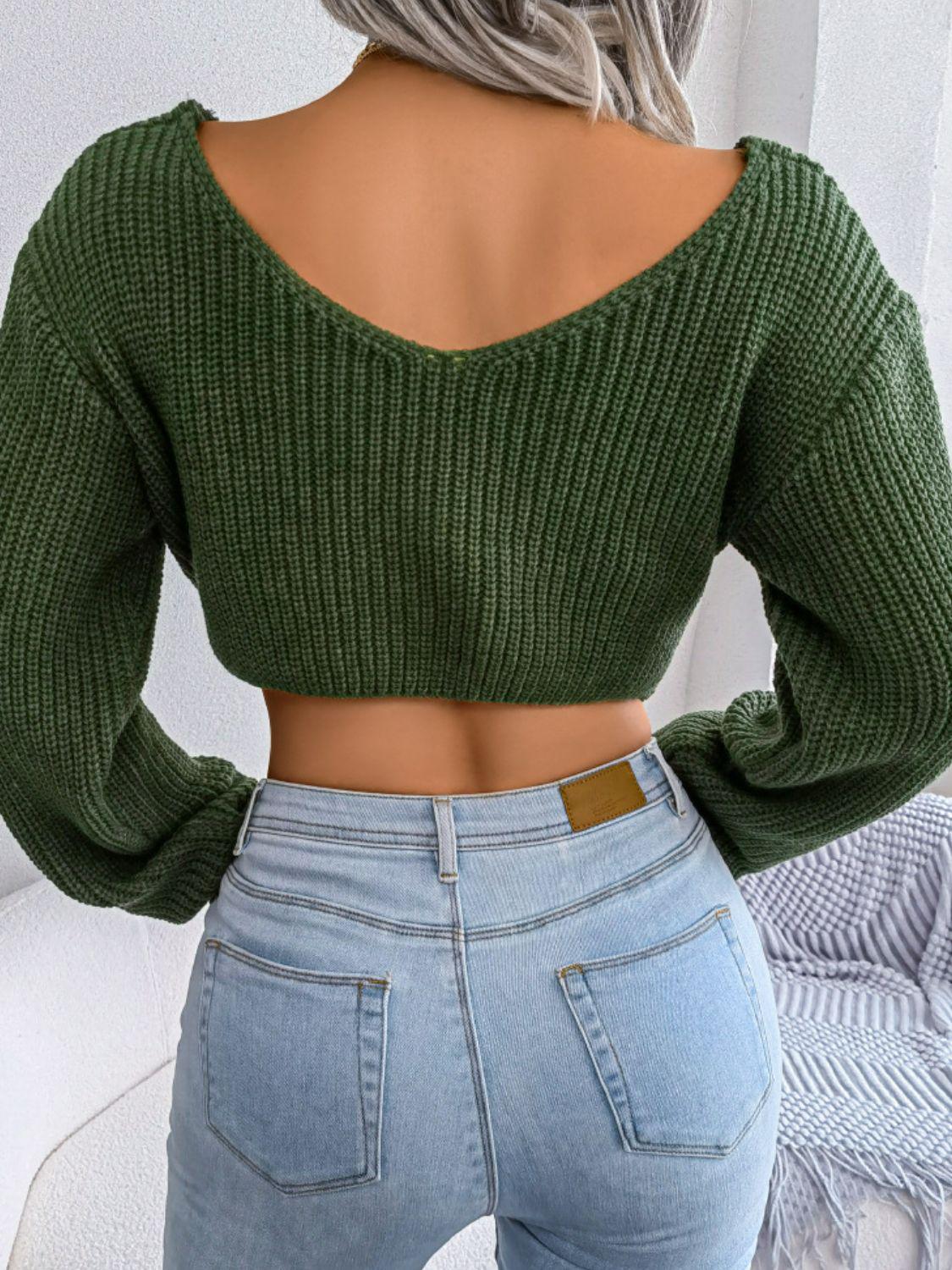 Twisted Front Long Sleeve Cropped Sweater BLUE ZONE PLANET