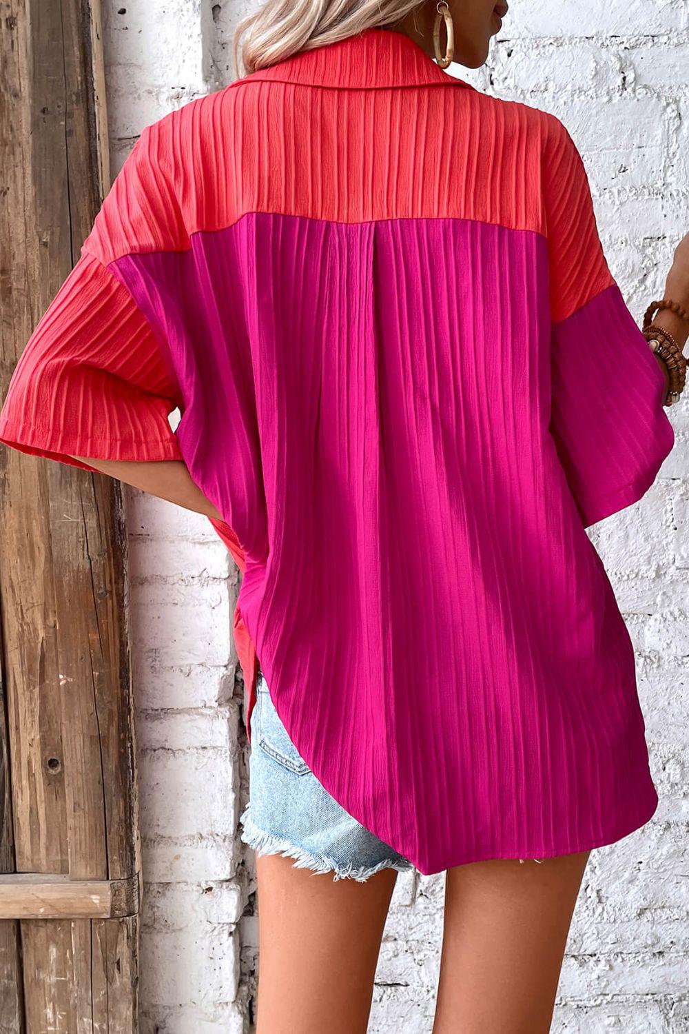 Two-Tone Button Front Dropped Shoulder Shirt BLUE ZONE PLANET