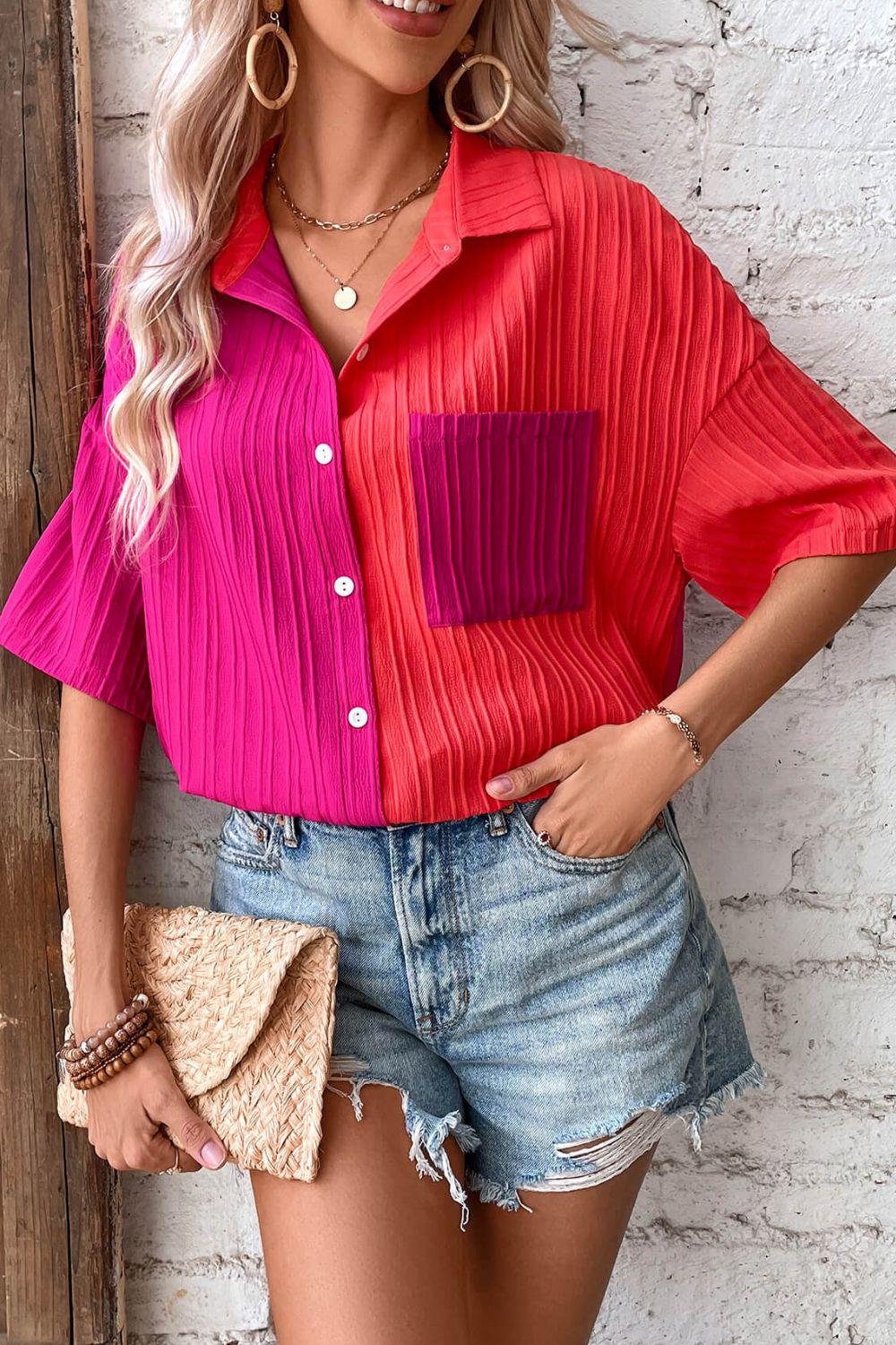 Two-Tone Button Front Dropped Shoulder Shirt BLUE ZONE PLANET