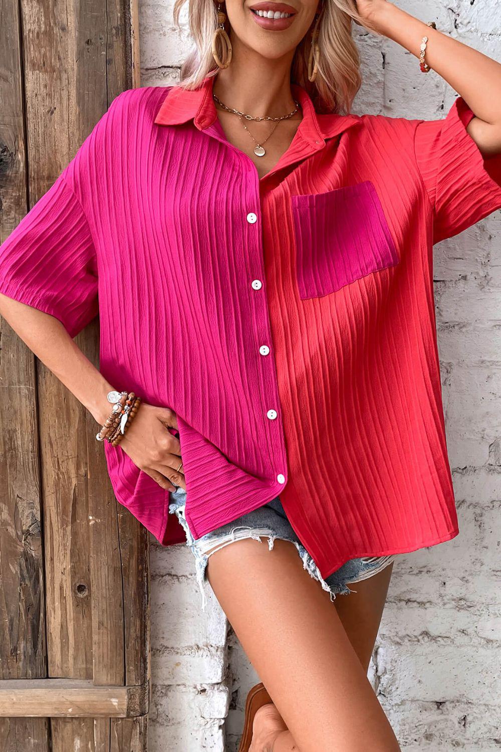 Two-Tone Button Front Dropped Shoulder Shirt BLUE ZONE PLANET