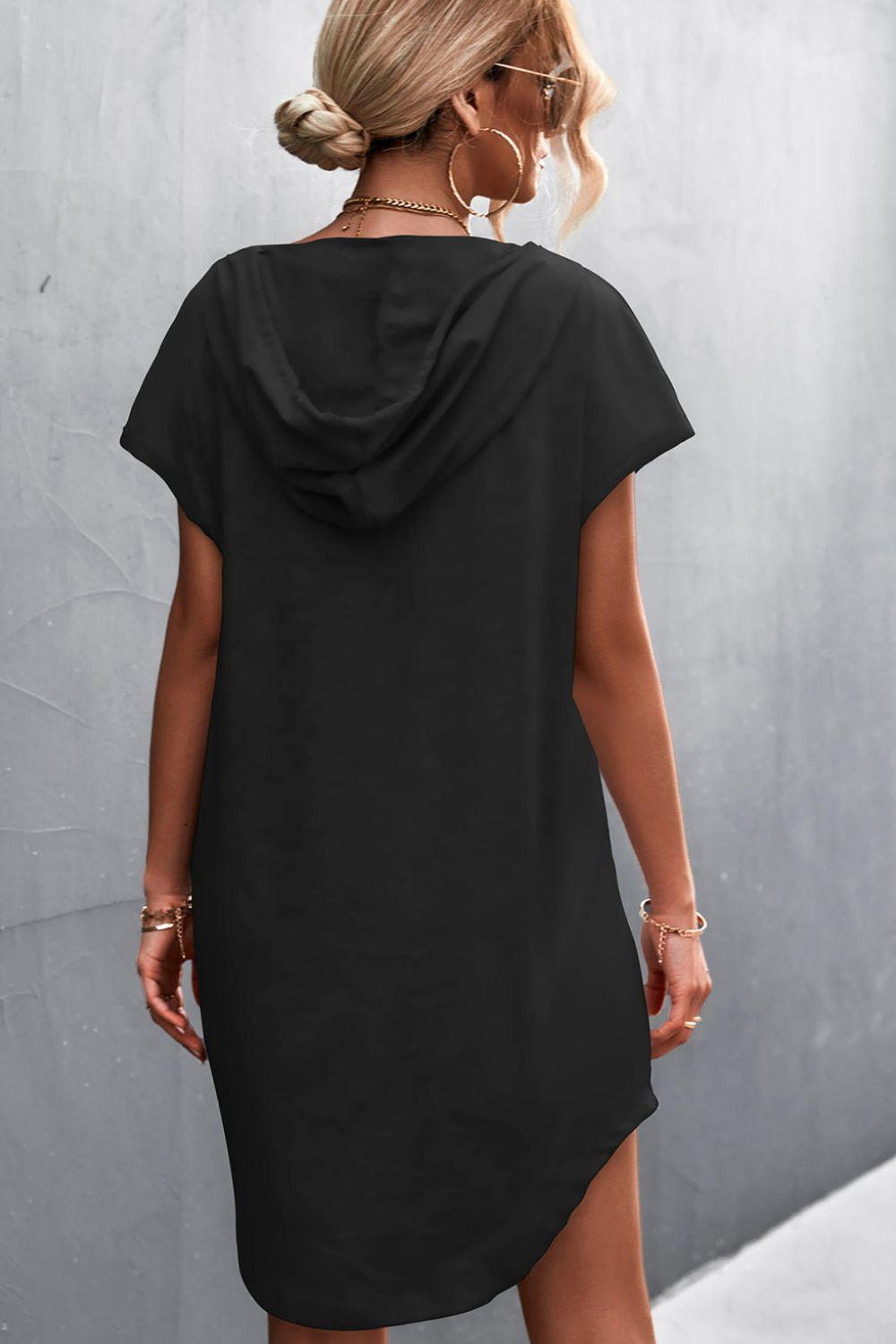 Two-Tone Drawstring Detail Hooded Mini Dress BLUE ZONE PLANET