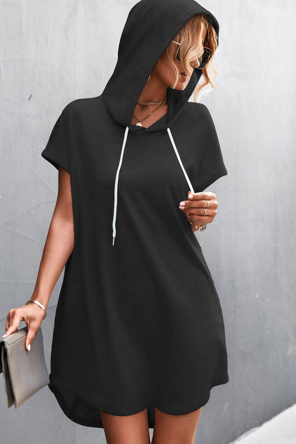 Two-Tone Drawstring Detail Hooded Mini Dress BLUE ZONE PLANET