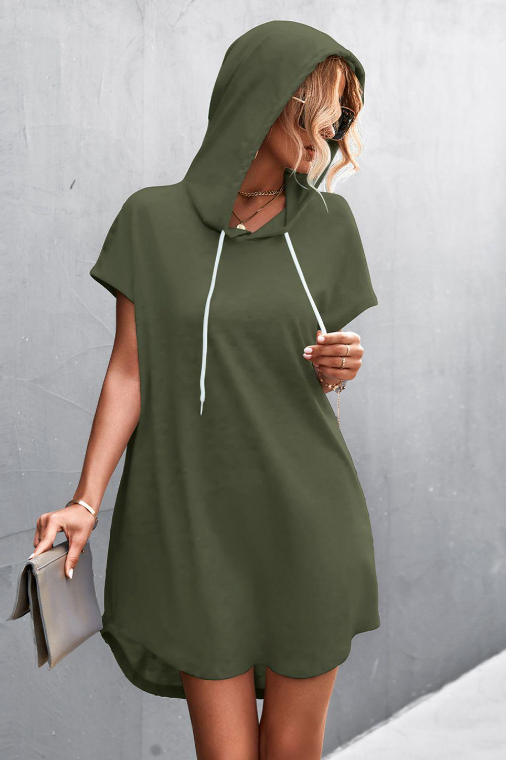 Two-Tone Drawstring Detail Hooded Mini Dress BLUE ZONE PLANET