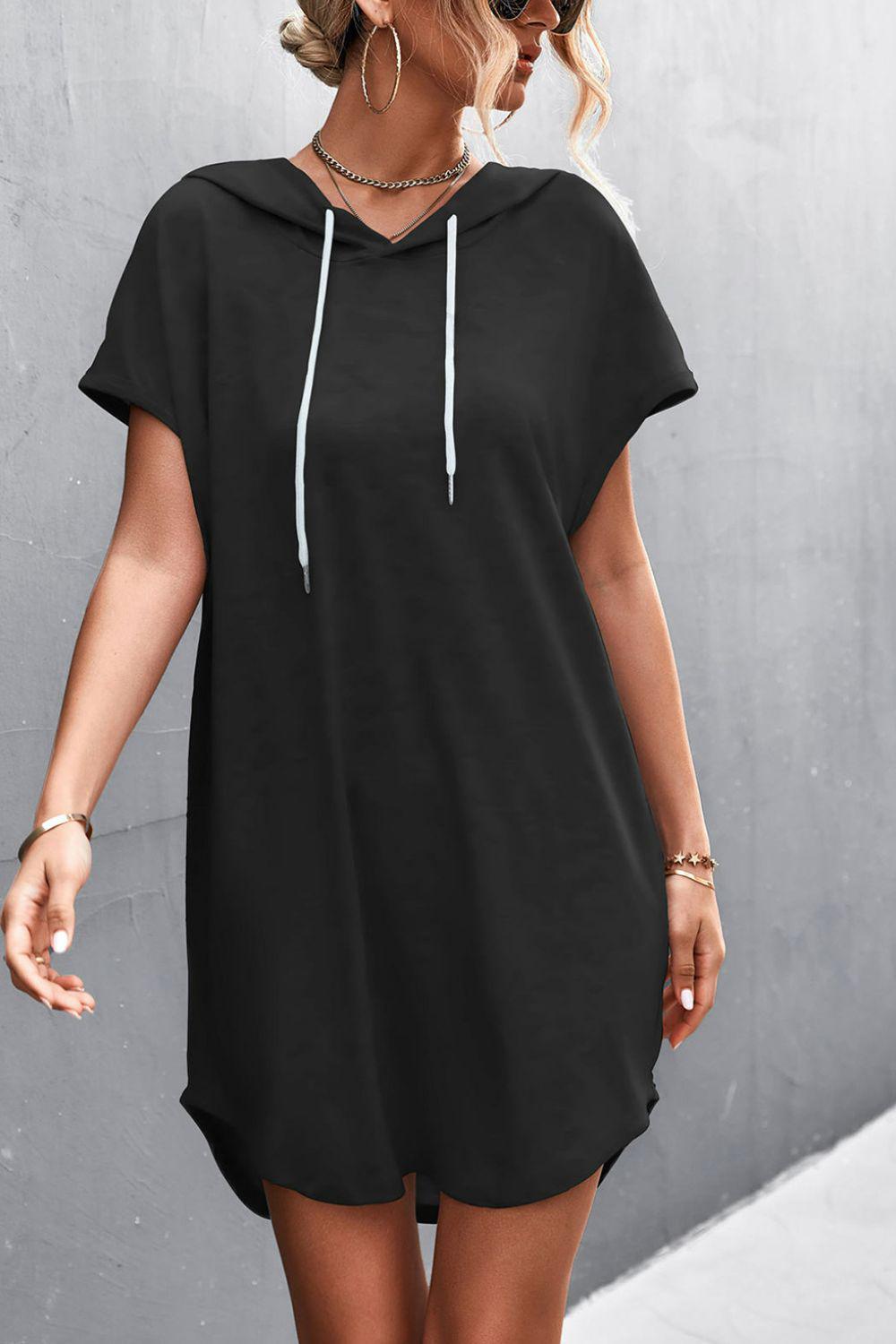 Two-Tone Drawstring Detail Hooded Mini Dress BLUE ZONE PLANET