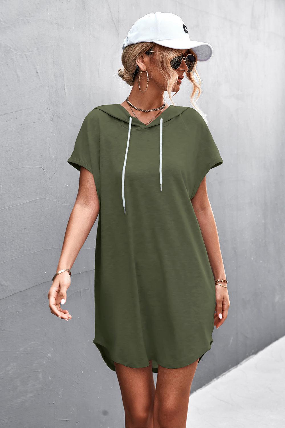 Two-Tone Drawstring Detail Hooded Mini Dress BLUE ZONE PLANET