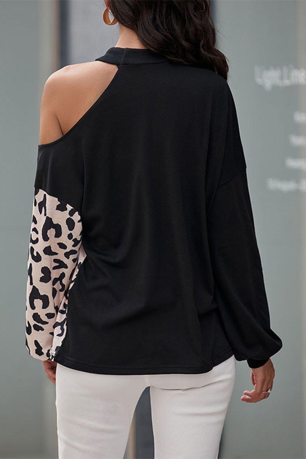 Two-Tone Leopard Cold Shoulder Top BLUE ZONE PLANET
