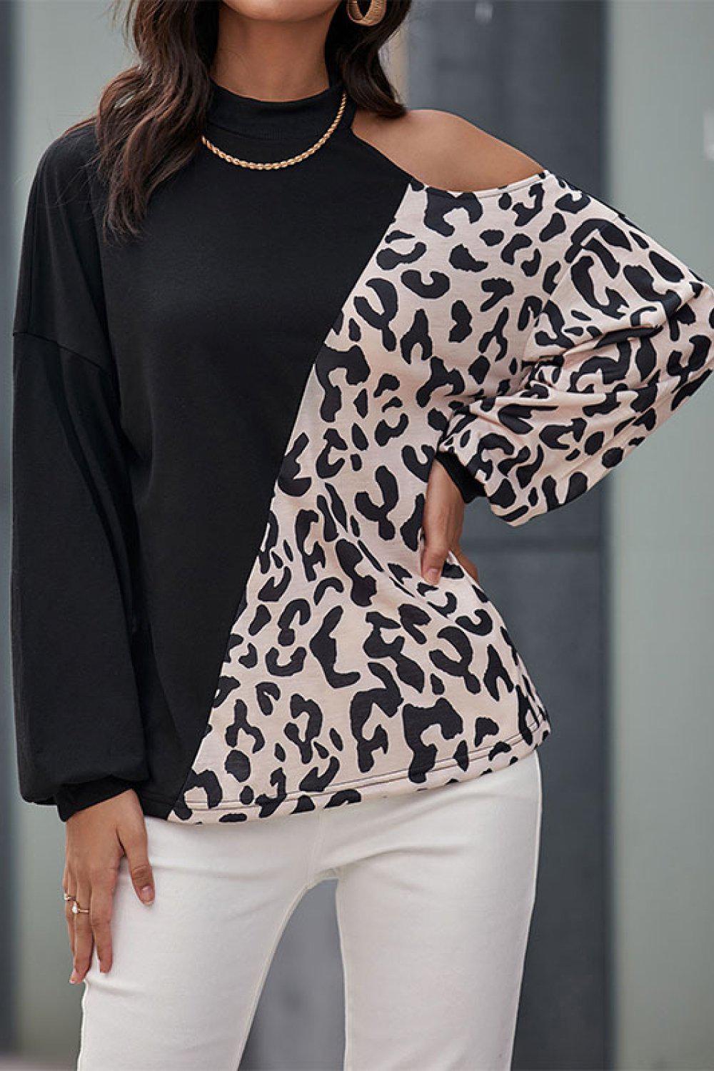 Two-Tone Leopard Cold Shoulder Top BLUE ZONE PLANET