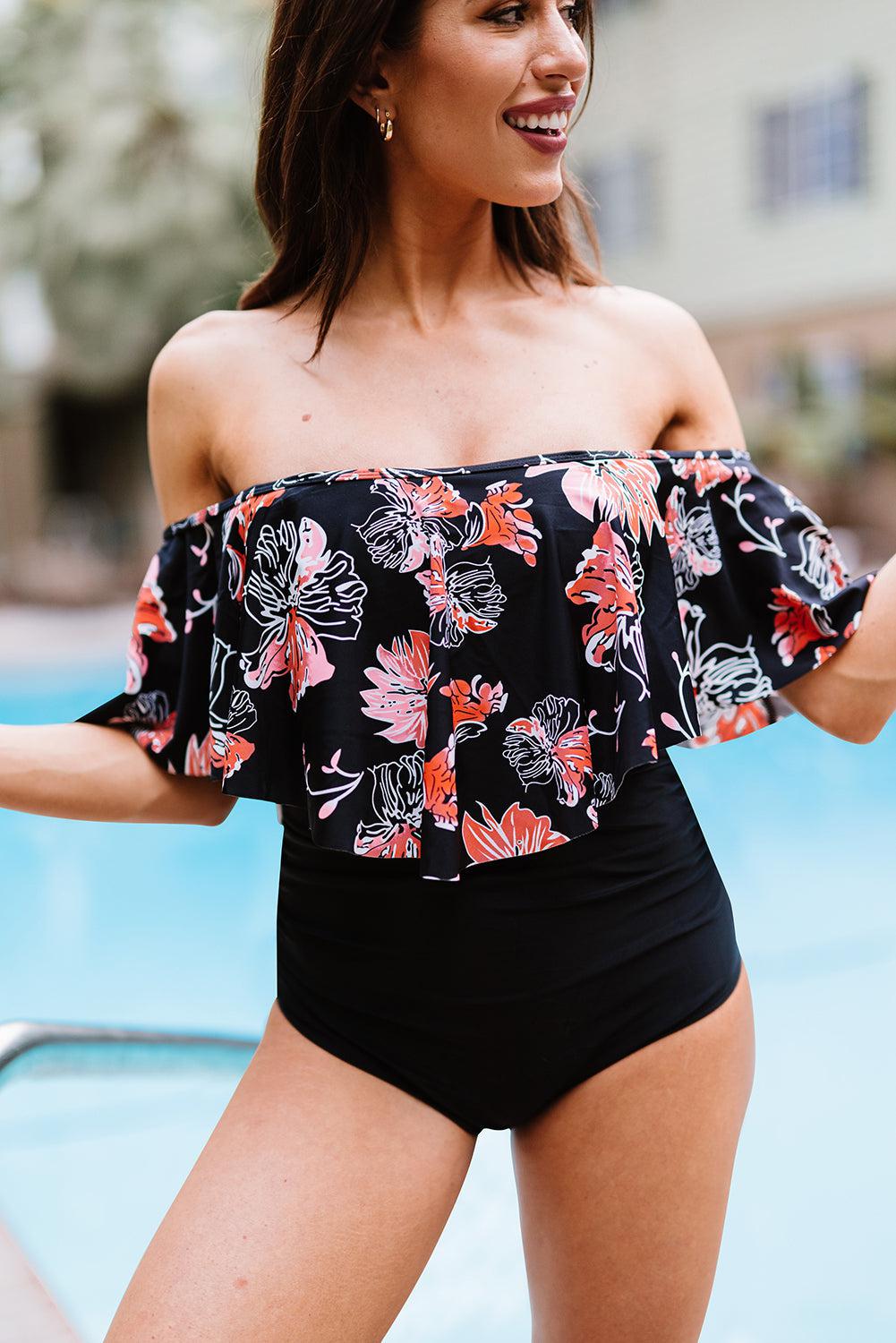 Two-Tone Off-Shoulder One-Piece Swimsuit BLUE ZONE PLANET